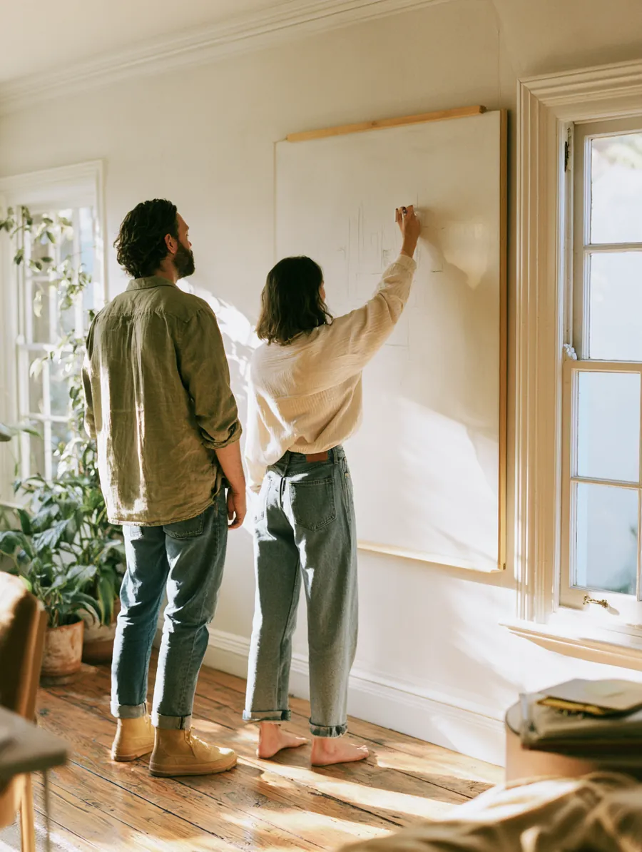 Couple sketching a monthly budget and debt payoff plan on a whiteboard at home