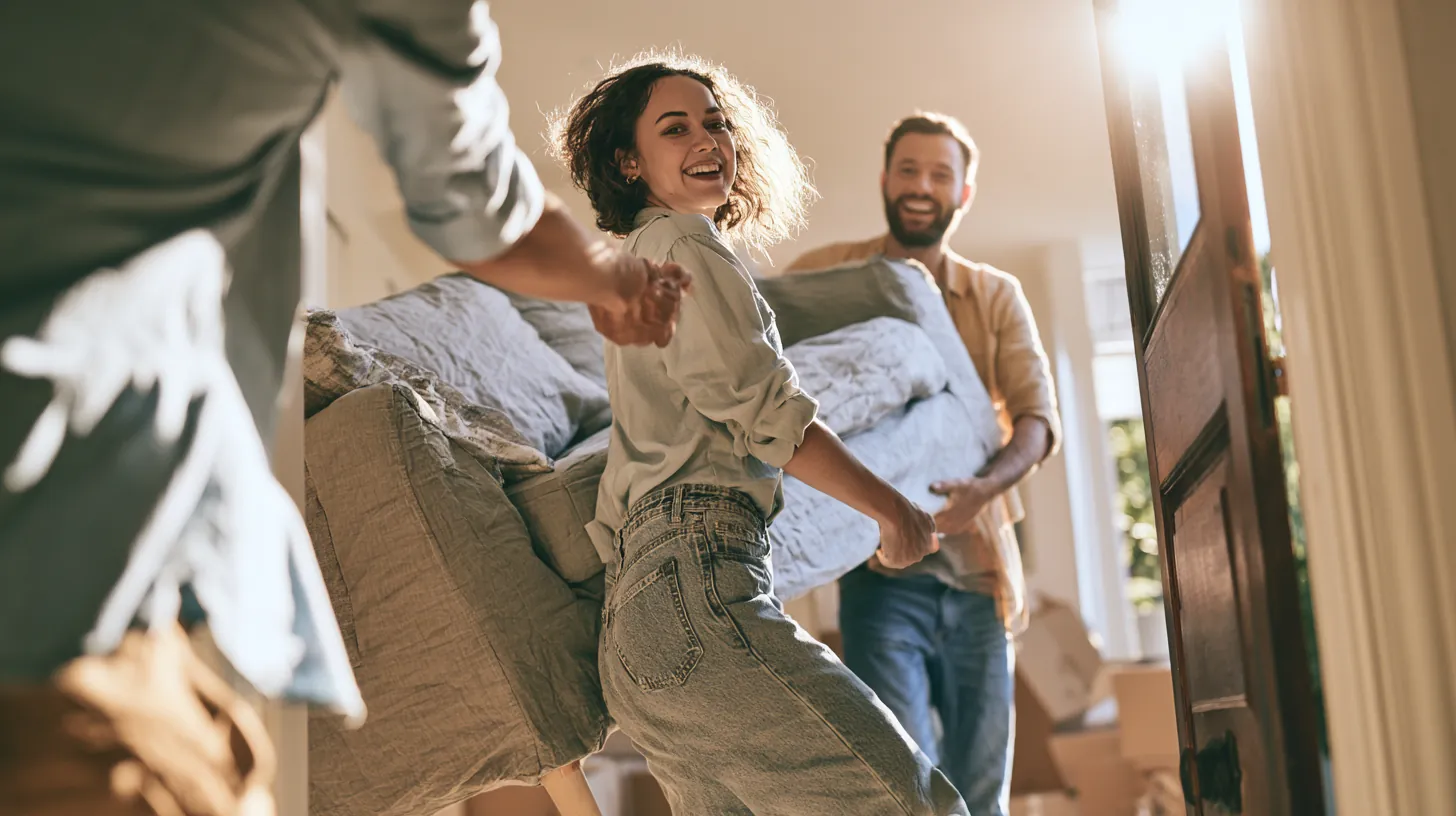 Young couple carrying a sofa into their new home after funding the move with an Uplyft Capital loan